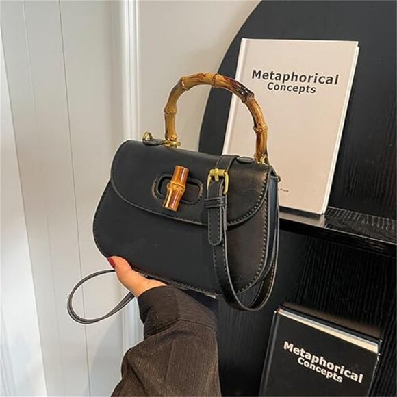 Neiman Marcus Black Leather Bamboo Handle Shoulder Bag - Picture 1 of 3